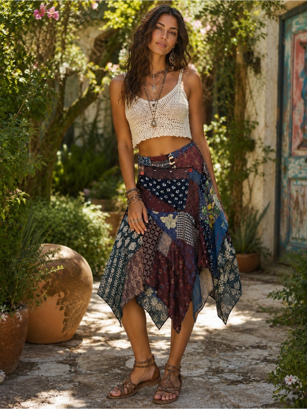 H274 NWT Jaded Gypsy S/M w15-19 Patchwork Asymmetrical Maxi Skirt in Blue Multi